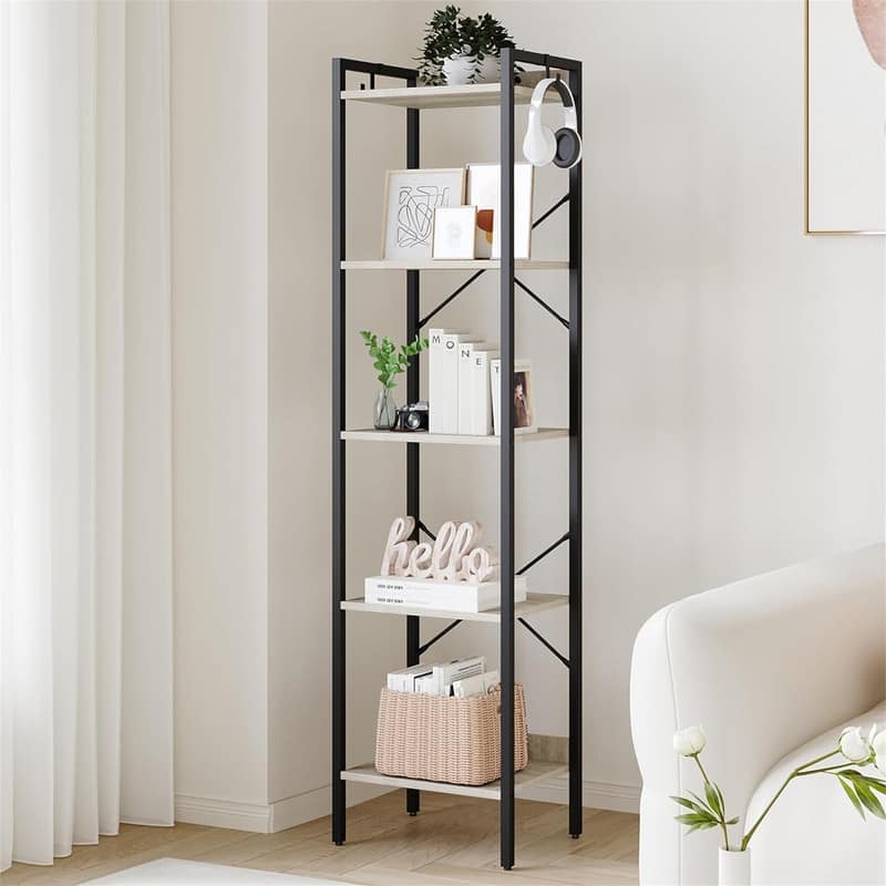 Book Shelf Industrial Bookcase with 2 Hooks - 9.45"D x 15.75"W x 63"H - Greige