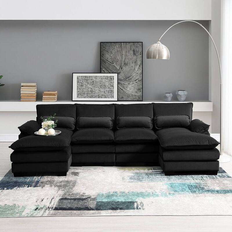 6-seat U-shaped Sectional Sofa, Sleeper Sectional with Waist Pillows for Living Room, Apartment - Black