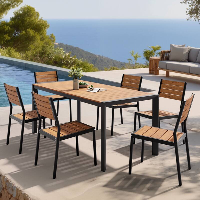 Set of 7 Outdoor Patio Dining Set WoodLike Table Top Aluminum Rectangular Umbrella Hole Table with Stackable Chairs - Brown