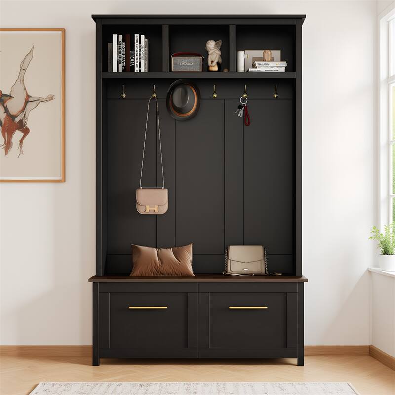 Entryway Storage Bench with Hooks & Drawers