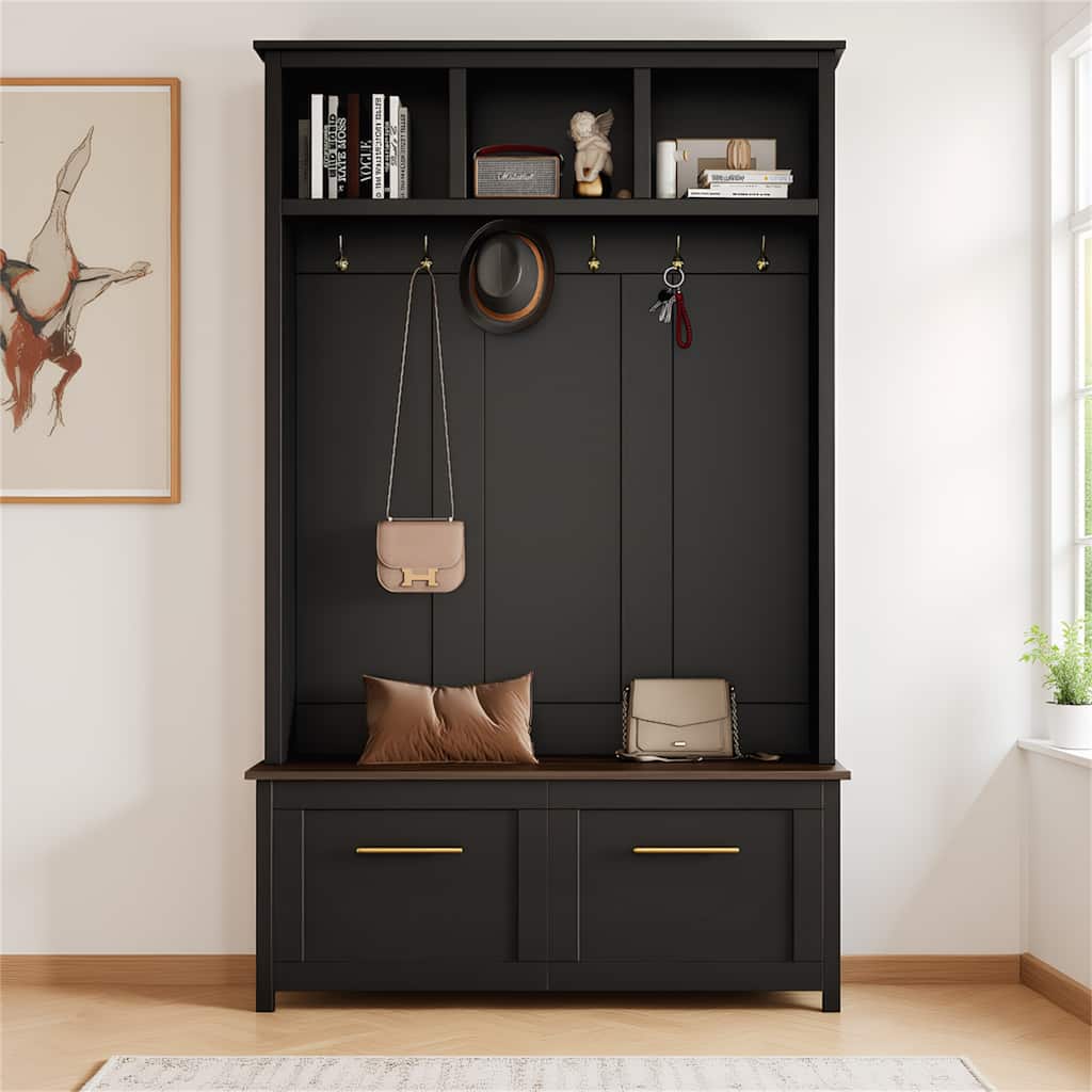 Entryway Storage Bench with Hooks & Drawers