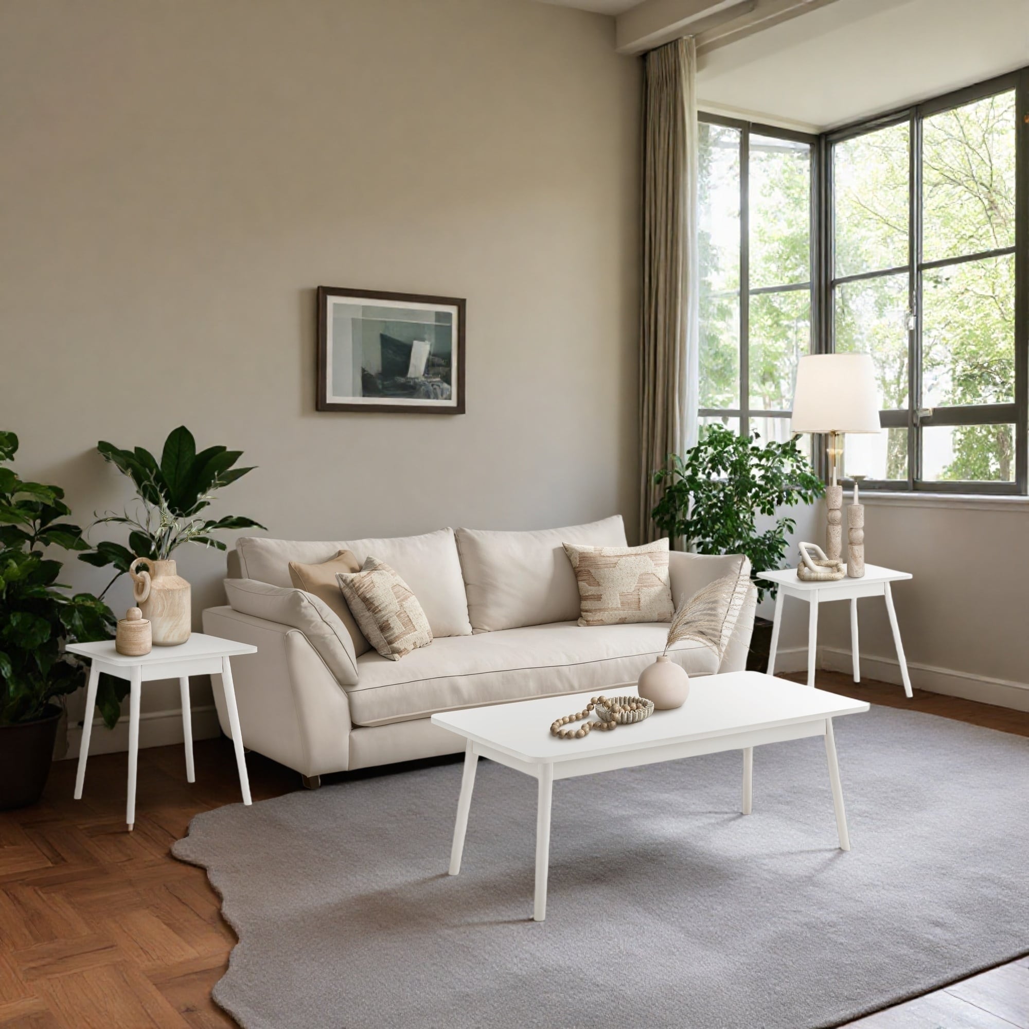 3-Piece Mid-Century Modern Table Set, Laminate Coffee Table & End Tables with Solid Wood Legs
