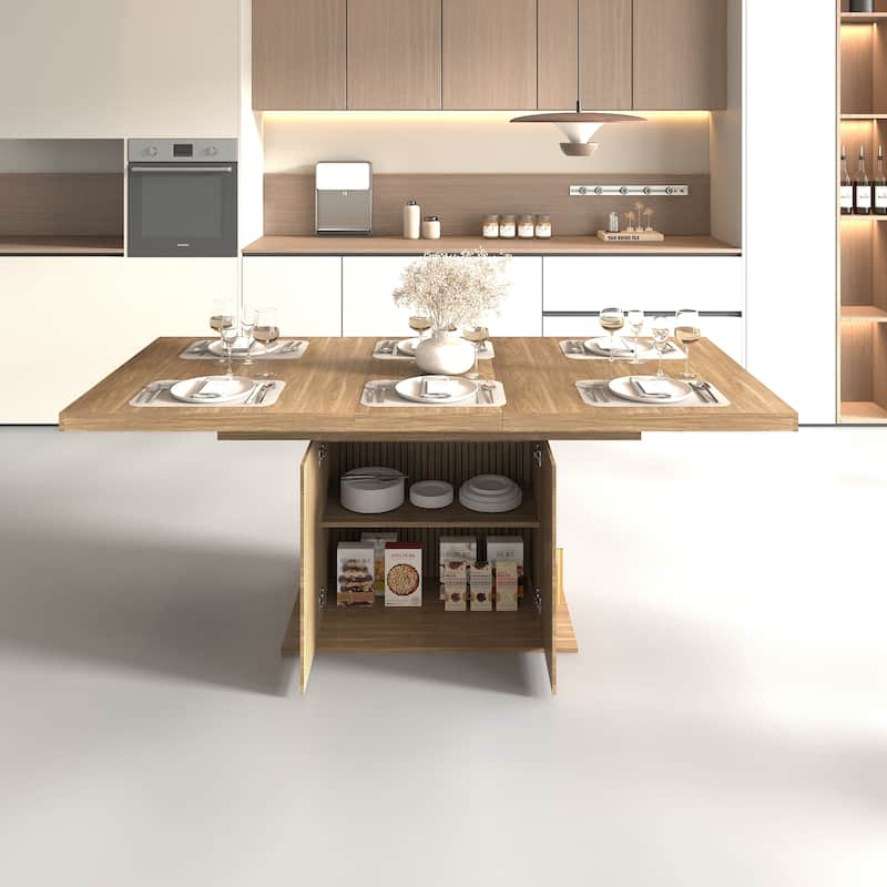 Extendable Cabinet Dining Table with Storage, Wood Kitchen Table with Striped Cabinet, Waterproof Coffee Table