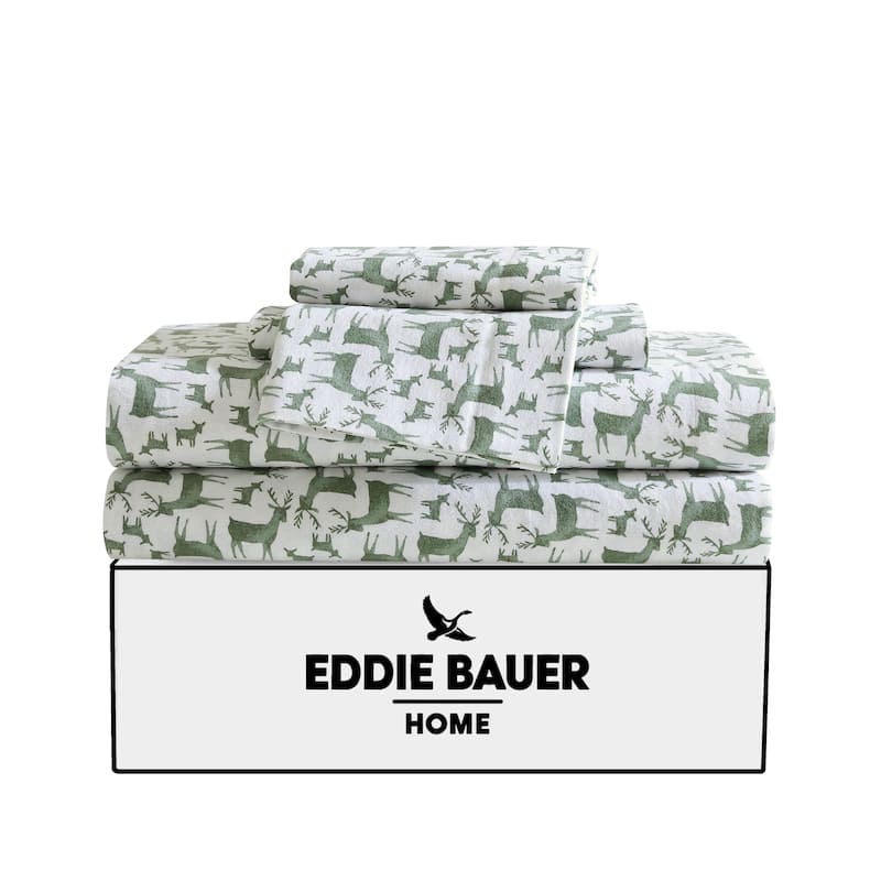 Eddie Bauer Printed Cotton Flannel Sheet Set - Twin - Deer Camp Green