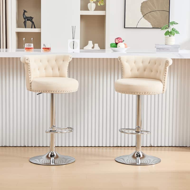 360° Swivel Bar Stools Set of 2 Adjustable Velvet Accent Chairs with Footrest Base, Button Tufted and Barrel Curved Backrest - Beige