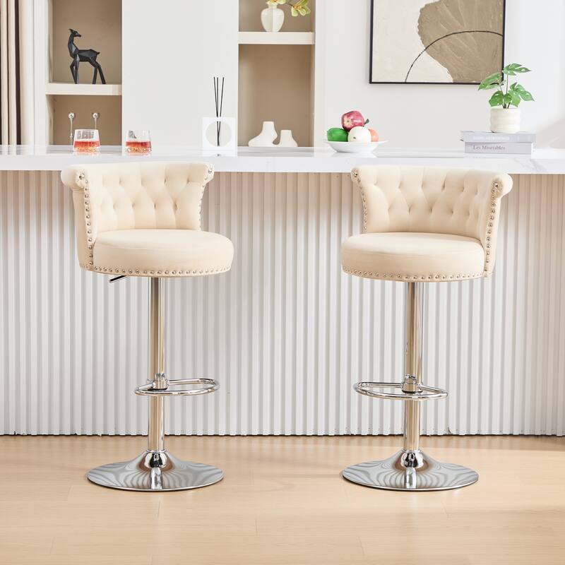 Velvet Bar Stool Set of 2, Adjustable Swivel Bar Stools with Silver Plated Metal Leg, Chrome Nailhead, Counter Height Chair - Beige