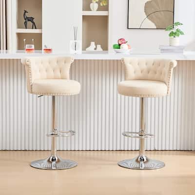 Velvet Bar Stool Set of 2, Adjustable Swivel Bar Stools with Silver Plated Metal Leg, Chrome Nailhead, Counter Height Chair