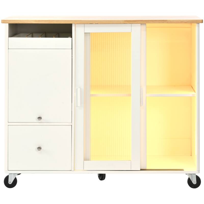 LED Kitchen Island Cart with Drop Leaf, Adjustable Shelf & 2 Drawers, Portable Islands on Wheels w/2 Fluted Glass Doors&Cabinet
