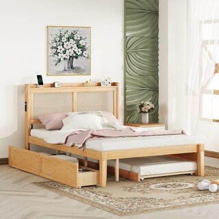 Wood Queen Size Rattan Platform Bed Frame with Sockets, Drawers and Trundle