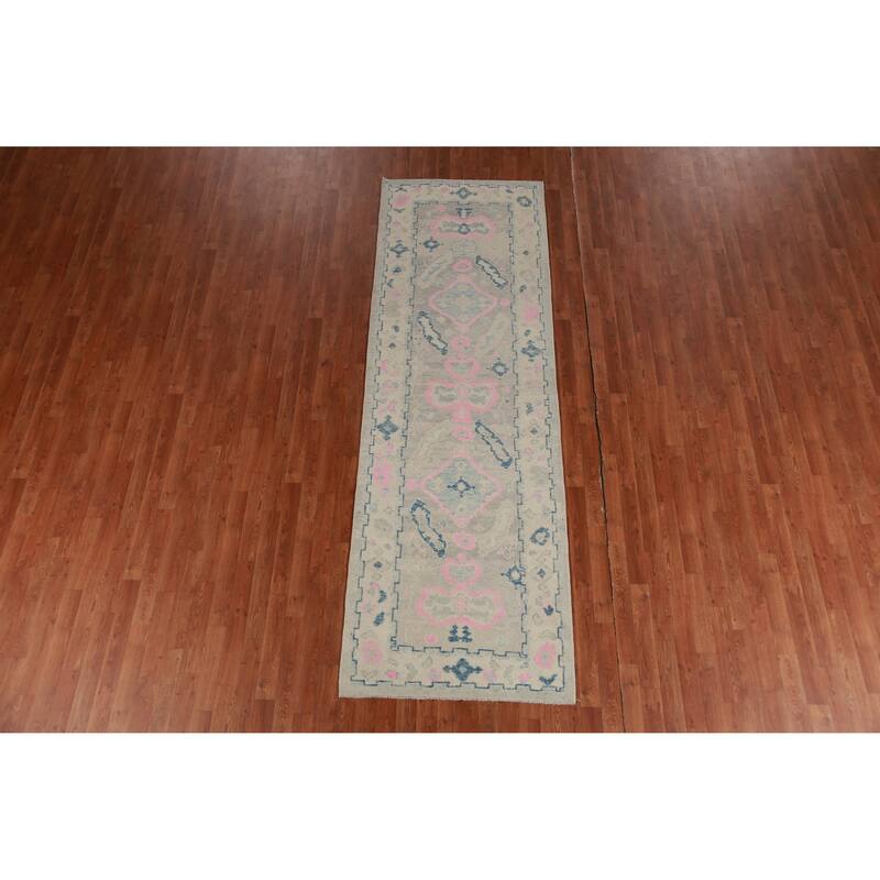 Hand Knotted Oriental 100% Wool Carpet Transitional Geometric Greys & Charcoal Oushak Runner Rug - 10' 0'' X 3' 3''