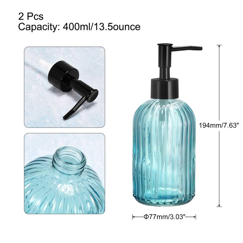 Soap Dispensers Set - 2 Pack 13.5Oz Glass Dish Hand Soap Dispenser with Black Pump for Kitchen Bathroom - Blue