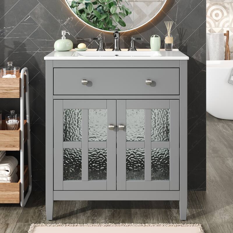 30" Storage Cabinet with Glass Doors, Bathroom Vanity with Ceramic Sink, Adjustable Shelf, Tip-Out Tray and Silver Metal Knobs - Grey