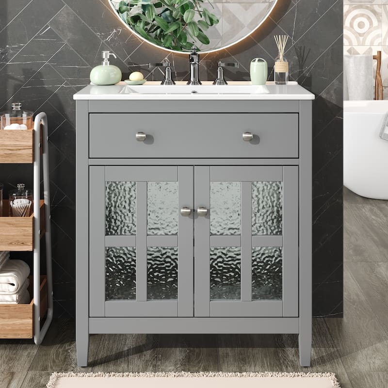 Roomfitters 30" Timeless Bathroom Vanity with Ceramic Sink, Textured Glass Doors, Adjustable Shelf, Tip-Out Tray
