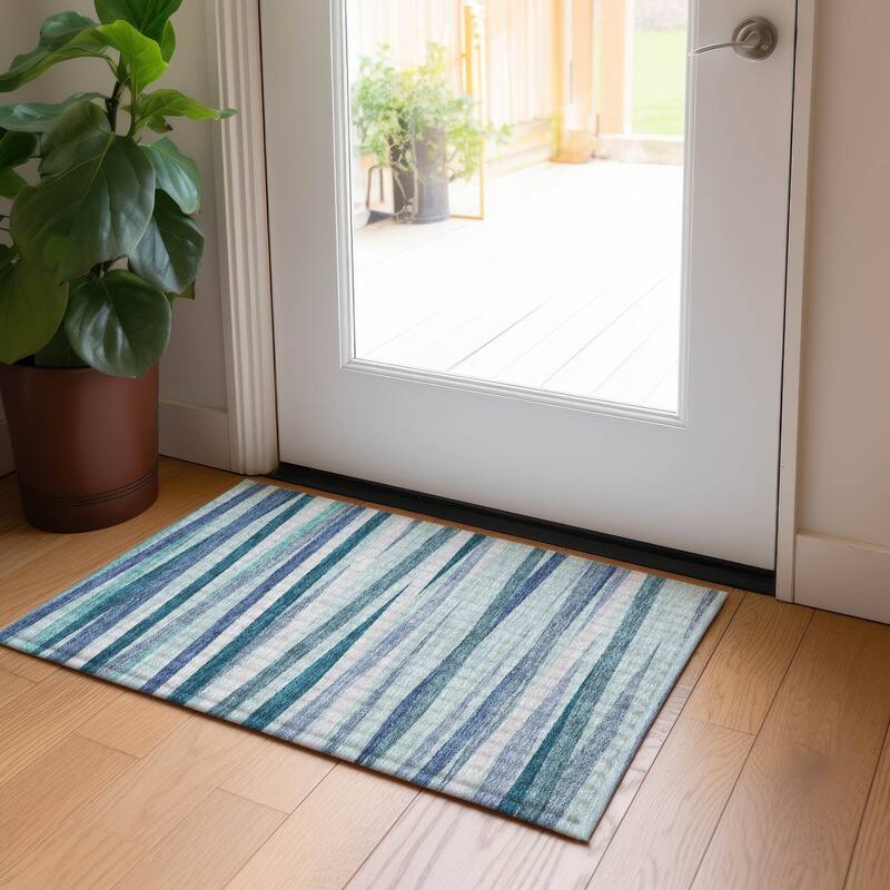 Machine Washable Indoor/ Outdoor Modern Stripes Chantille Rug - Teal - 1'8" x 2'6"