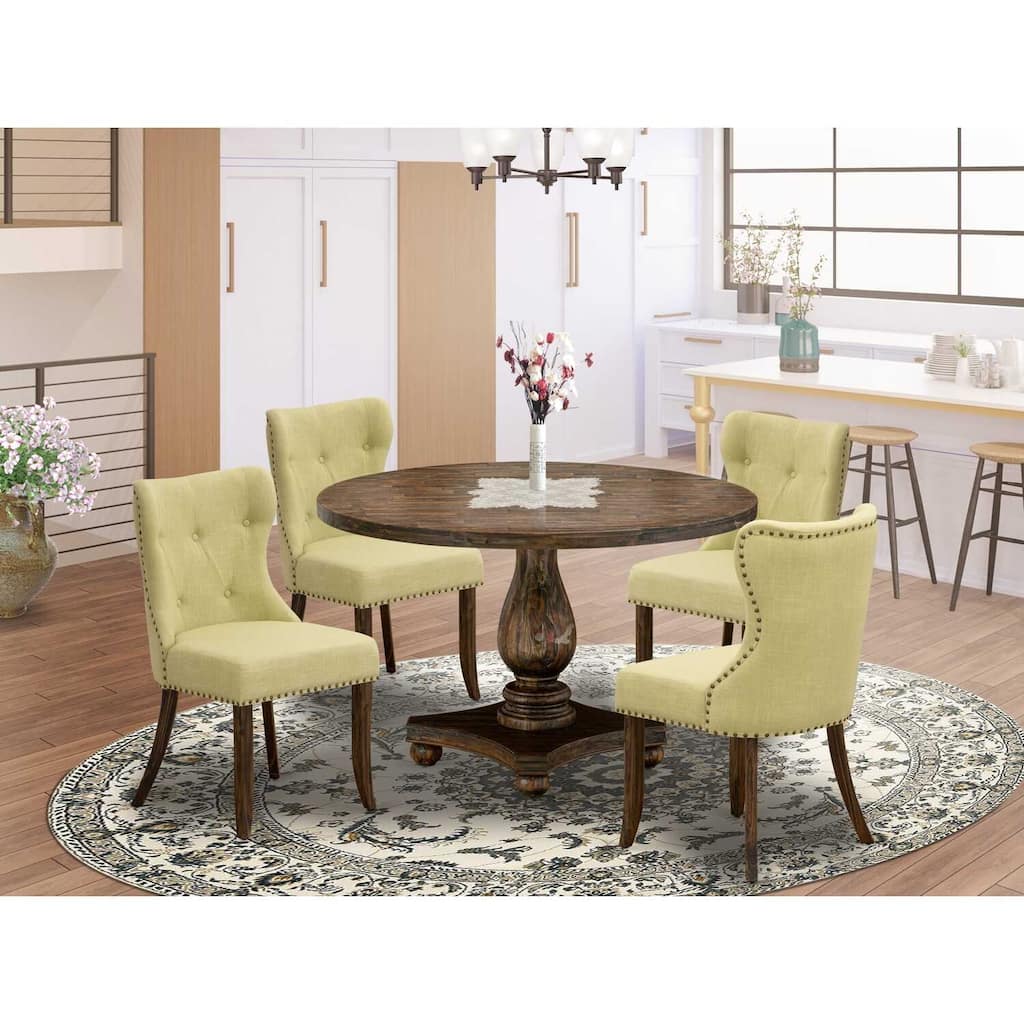 HomeStock 5-Piece Distressed Jacobean Finish Solid Wood Top Dining Table with 4 Parson Chair