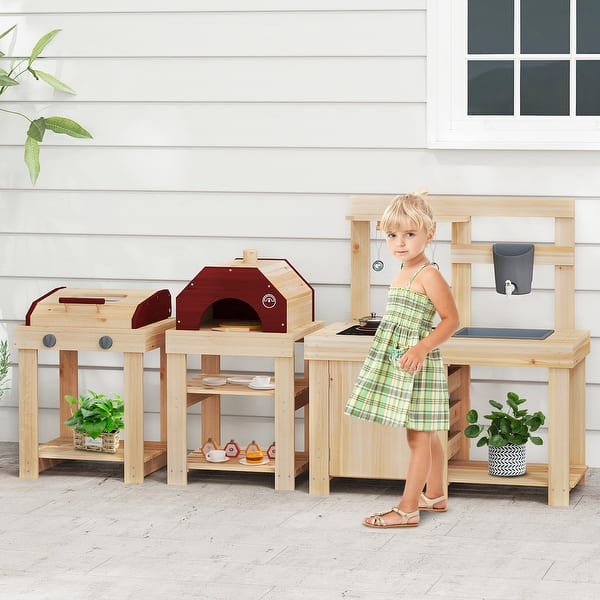 slide 2 of 9, 3-Piece Outdoor Kitchen Set Mud Kitchen with Separate BBQ Grill and Pizza Oven-Natural - Multi Multi
