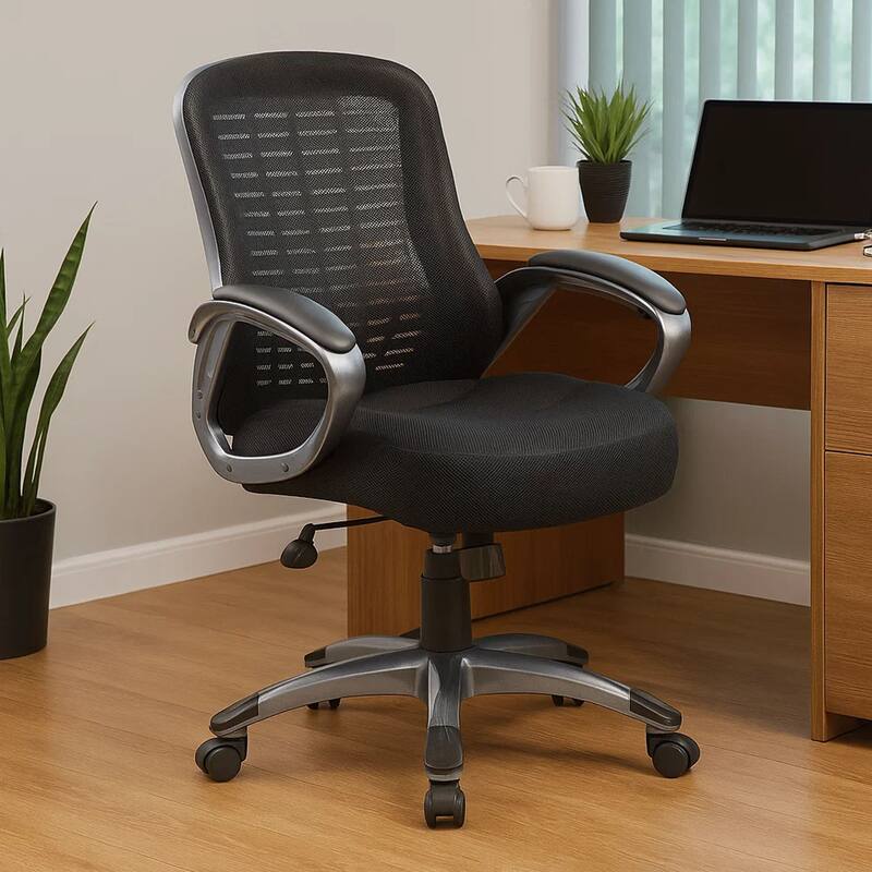Rolling High Back Office Chair, Black Mesh and Vinyl, Lumbar Support
