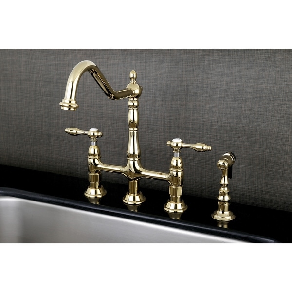 Victorian High Spout Lever-Handles Bridge Kitchen Faucet with Side Sprayer