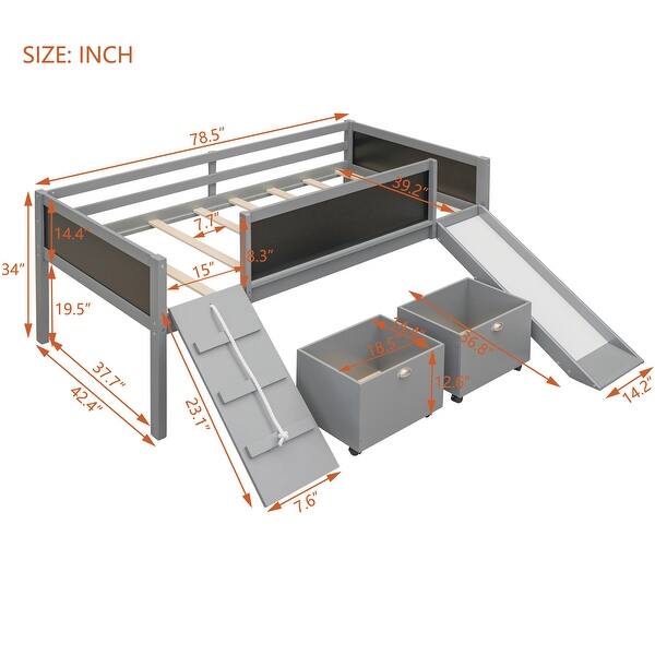 dimension image slide 0 of 4, Twin size Loft Bed Wood Bed with 2 Storage Boxes,Pine Wood Frame & Double-sided Chalkboard Loft Bed