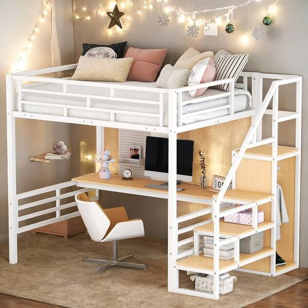 slide 2 of 28, Full Size Metal Loft Bed with Desk, Staircase and Small Wardrobe, White White
