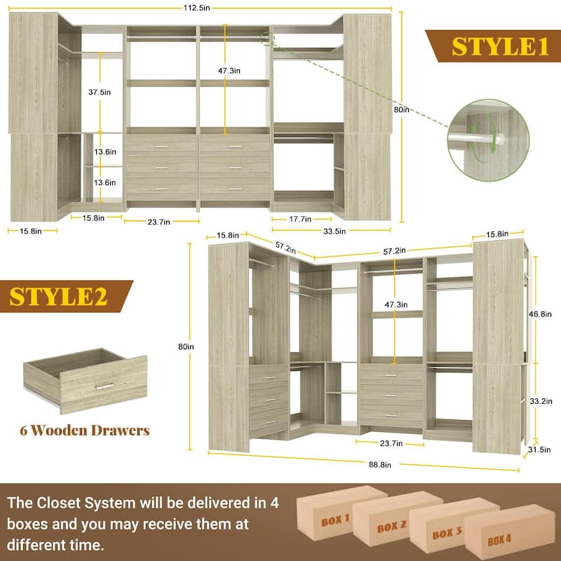 Cimly Set of 4 Closet Organizer with Drawers, U Shaped Freestanding Closet System