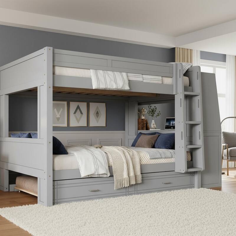 Space-Saving Full Size Bunk Bed with Pull-Out Trundle & Built-in Study Desk by Harper&Bright Designs - Grey