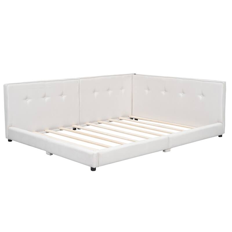Queen Size Upholstered Platform Bed with USB Ports in Beige Linen Fabric