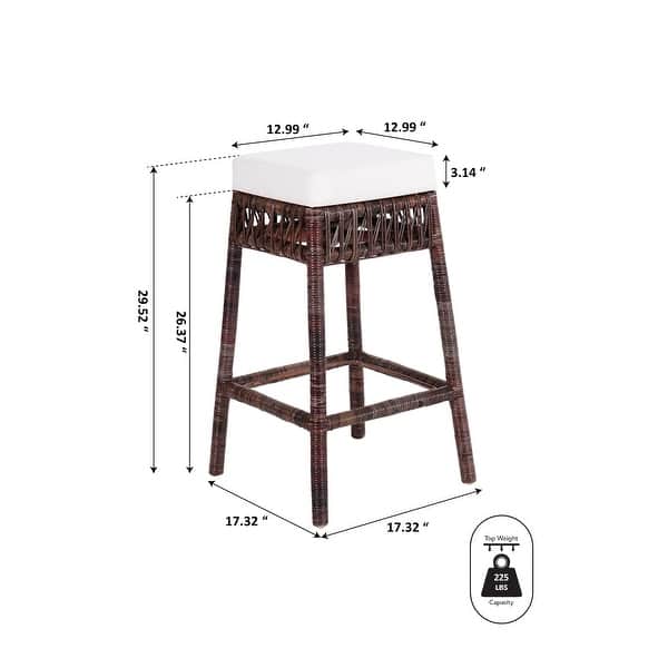 dimension image slide 1 of 2, Bali Bohemian Woven Rattan Backless Bar Stool with Square Foam Cushion and Footrest for Kitchen Island or Home Bar