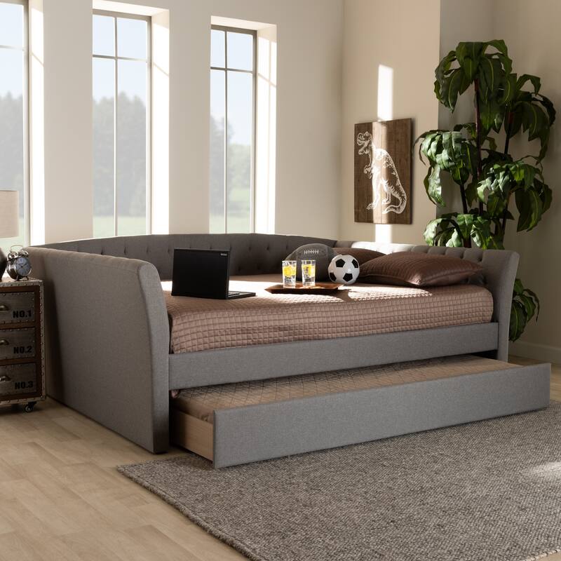 Queen Size Daybed with Trundle - Light Grey Upholstered Farmhouse Modern Bed