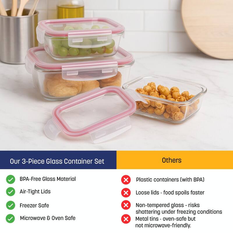 Westinghouse 3-Piece Glass Food Storage Container Set - 370 to 1050ml