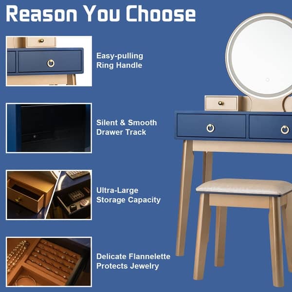 Vanity Makeup Dressing Table Set w/ Touch Screen Dimming Mirror Navy Blue -  Bed Bath & Beyond - 37980046