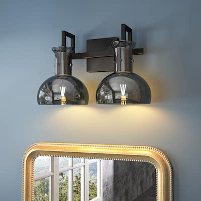 2-Light Modern Black Bathroom Vanity Light Fixture Wall Lighting with Smoky Gray Glass Shade