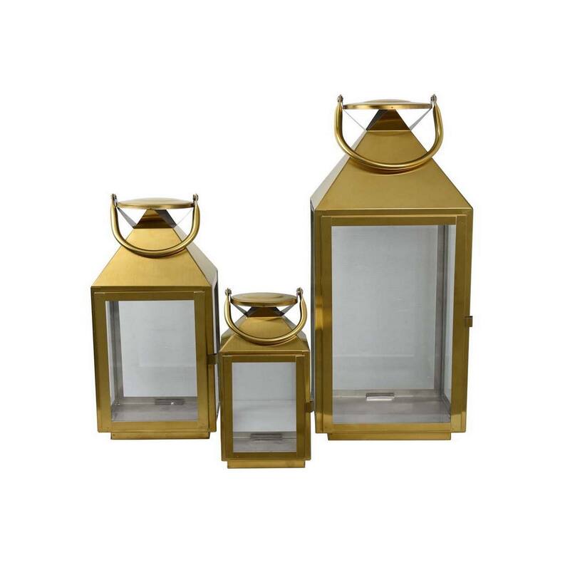 Davi Set of 3 Decorative Lanterns, Curved Handles, Glass Panel, Gold Metal