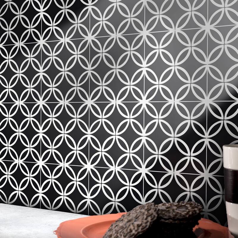 Handmade Amlo Black, White Outline Tile, Pack of 12 (Morocco)