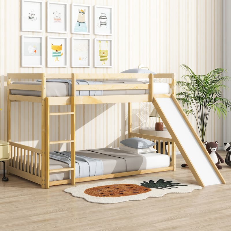 Twin Over Twin Floor Bunk Bed with Slide and Convertible 3-Way Design Safety Door & Guardrails (250lb Capacity)