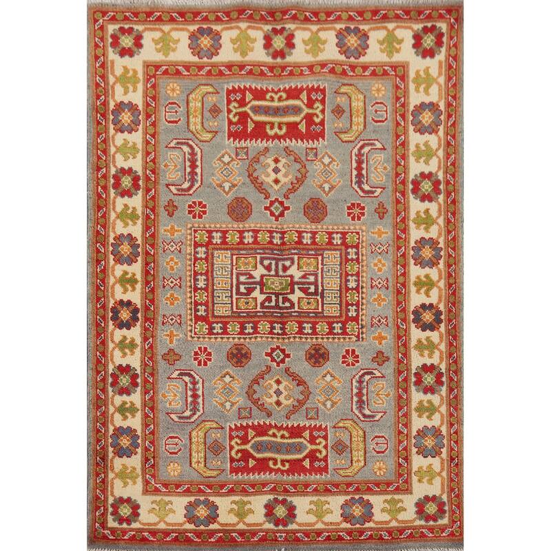 Geometric Kazak Accent Rug Handmade Wool Carpet - 3'4" x 5'0"