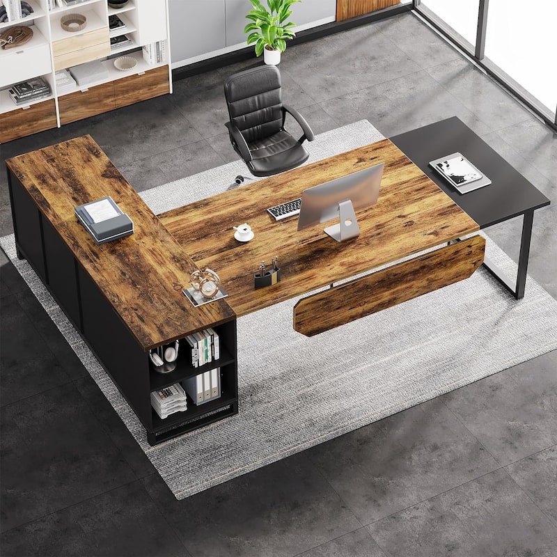 70.8" L-Shaped Executive Desk with 55" File Cabinet, Large Computer Desk with Storage Shelves/Cabinet for Home Office