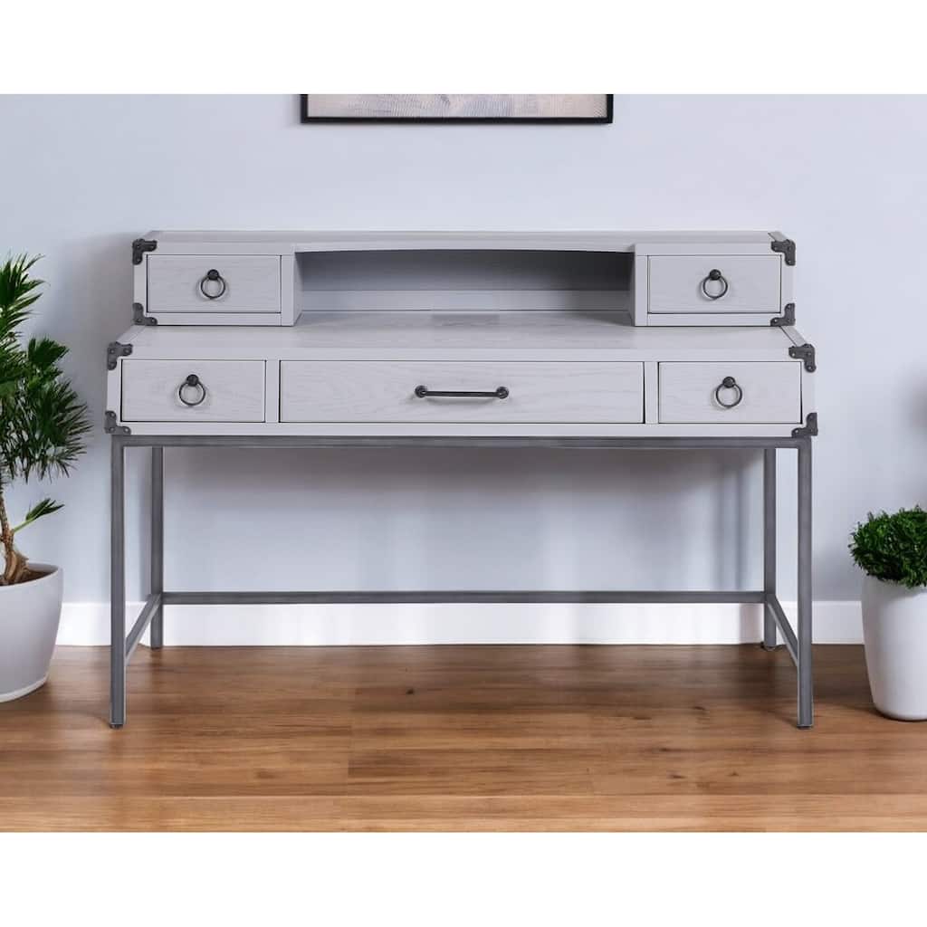 54" Gray Wood Writing Desk With Five Drawers