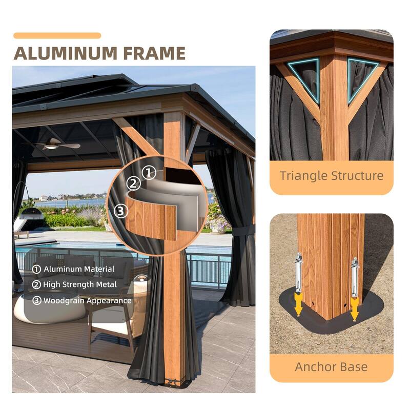 EROMMY Outdoor Wood Gazebo with Double Polycarbonate Roof, Heavy Duty Backyard Patio Pergola Canopy for Garden Shade