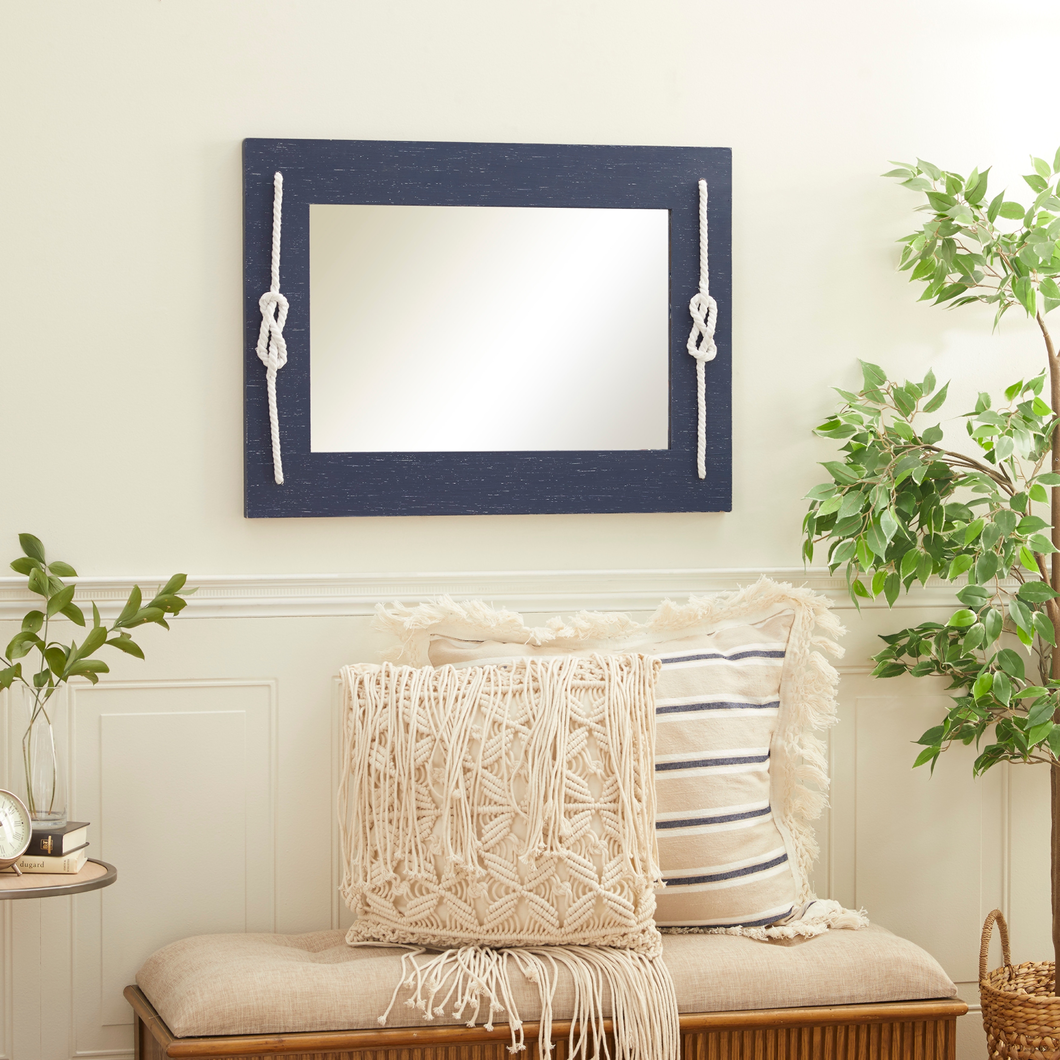Blue Wood Room Wall Mirror with Knotted Rope