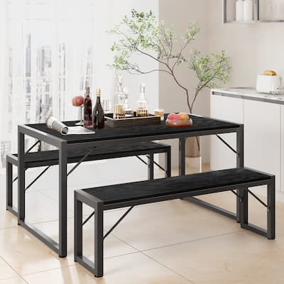 55"Dinning Room Table Set for 4-6，3 Piece Industrial Dining Table Set with 2 Bench for Kitchen