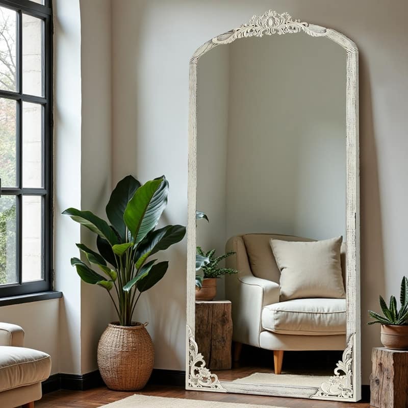Rustic Arched Solid Wood Framed DIY Carved Full Length Mirror - 67"x28" - Weathered White