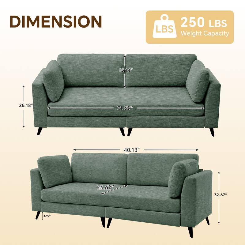 Modern Chenille 2 Seater Sofa Chouch with Bolster Pillows