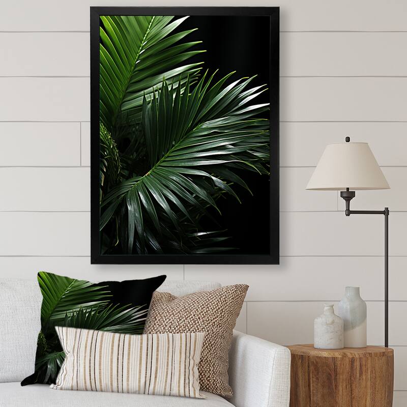 Designart "Palm Leaves Serenity II" Palms & Palm Trees Framed Wall Decor - 12 in. wide x 20 in. high - Black