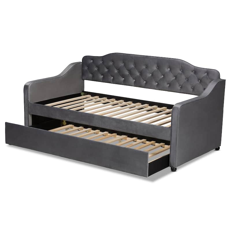 Grey Upholstered Twin Daybed with Trundle, Pleated Textured Fabric and Sleek Design for Modern Guestroom Use