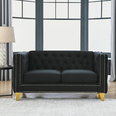 Modern 2-Seat Velvet Sofa with Nailhead Trim, Button Tufting, and Metal Legs