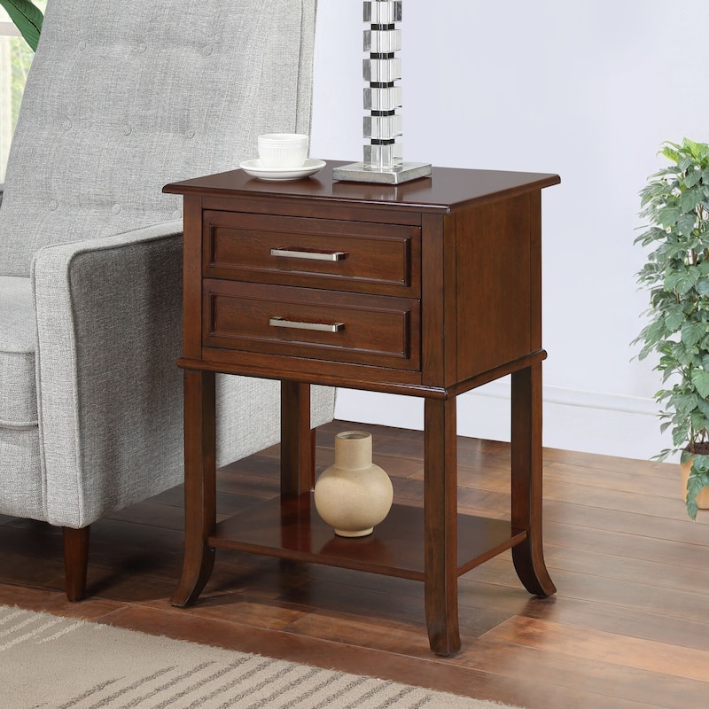 2 Drawer End Table with Shelf Transitional Storage Nightstand Solid Wood Legs Flared Base Beveled Edge Accent Table - 22