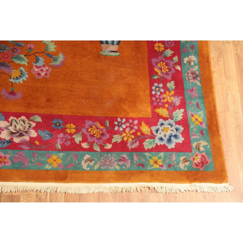 Vegetable Dye Art Deco Nichols Chinese Vintage Large Wool Carpet - 10'10" x 17'6"