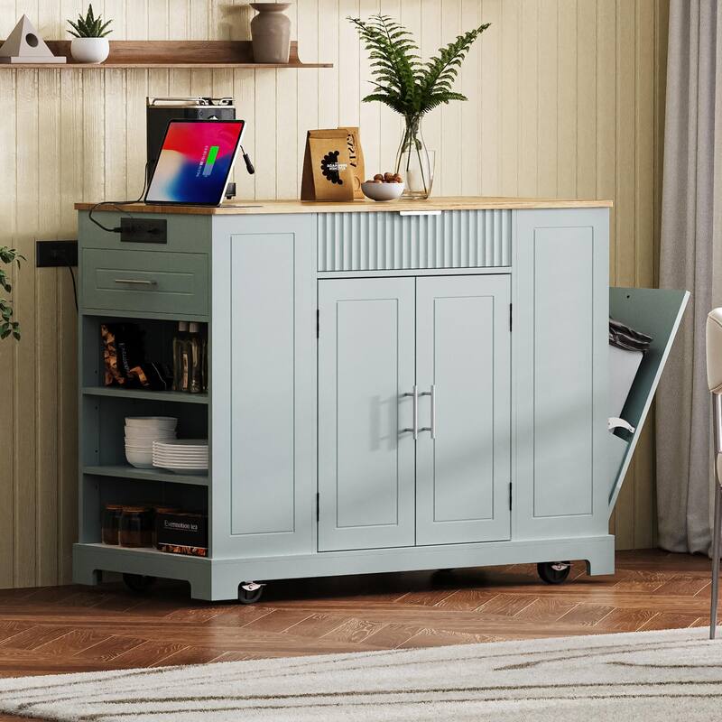 Chichoice Fluted Rolling Kitchen Island with Trash Can Storage Cabinet, Power Outlet, Internal Storage Rack