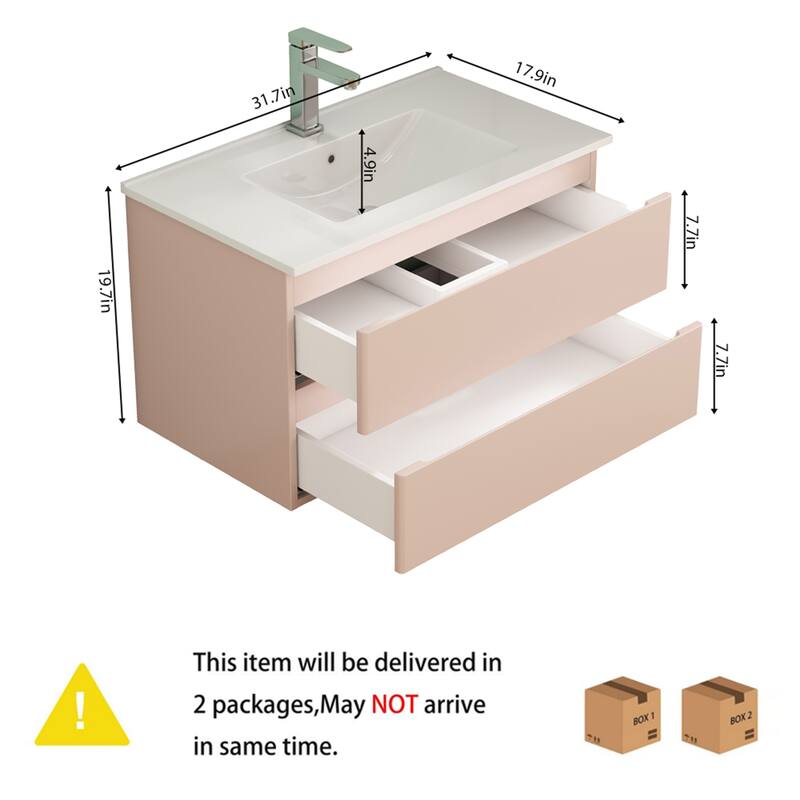 32 Inch Floating Bathroom Vanity with One-piece Ceramic Sink, Wall Mounted Cabinet with 2 Drawers
